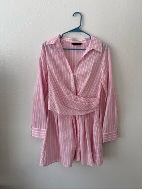 zara pink and white striped dress Zara Zara Striped Bow Detail Mini Dress Strappy Pleated